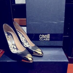 Cavalli Class Black Leather and Gold Metal Toe Cap Heels